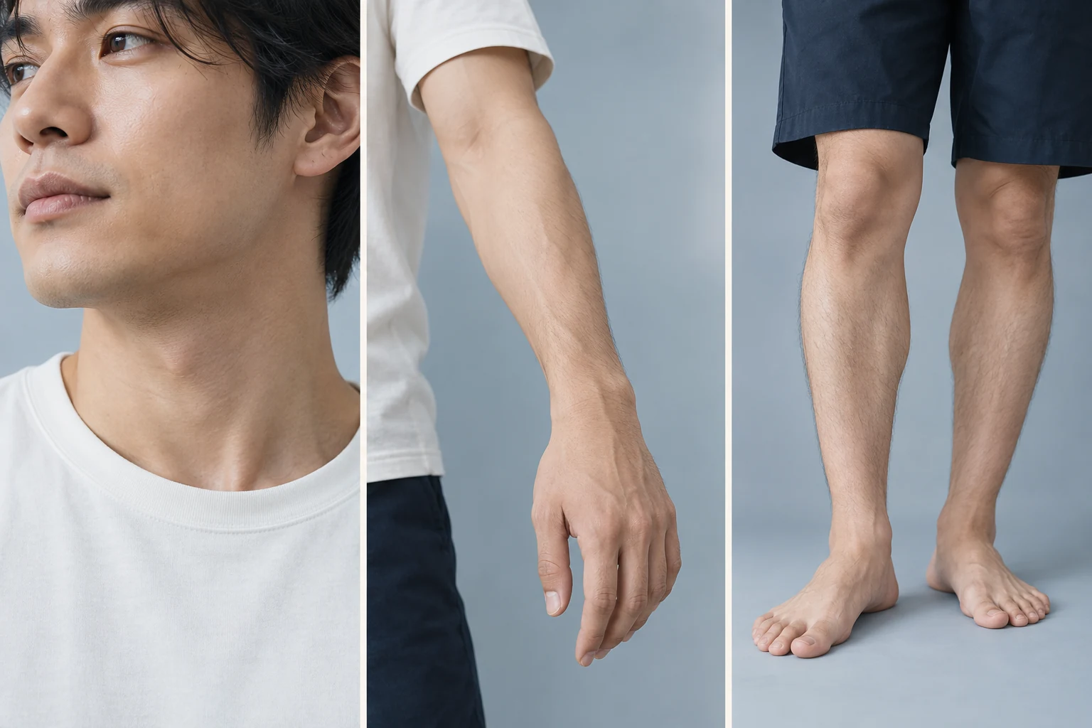 男性の顔・腕・脚を並べた脱毛メニューのイメージ